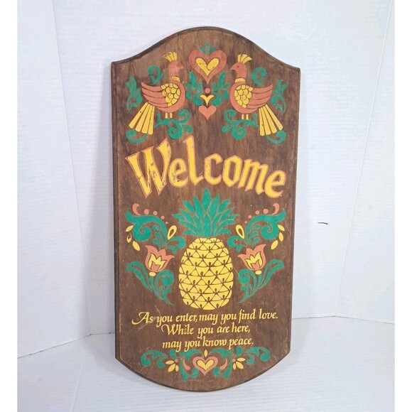 Vtg Folk Art Welcome Sign Wood Plaque Pineapple Birds Heart PA Dutch Decor - Picture 1 of 2
